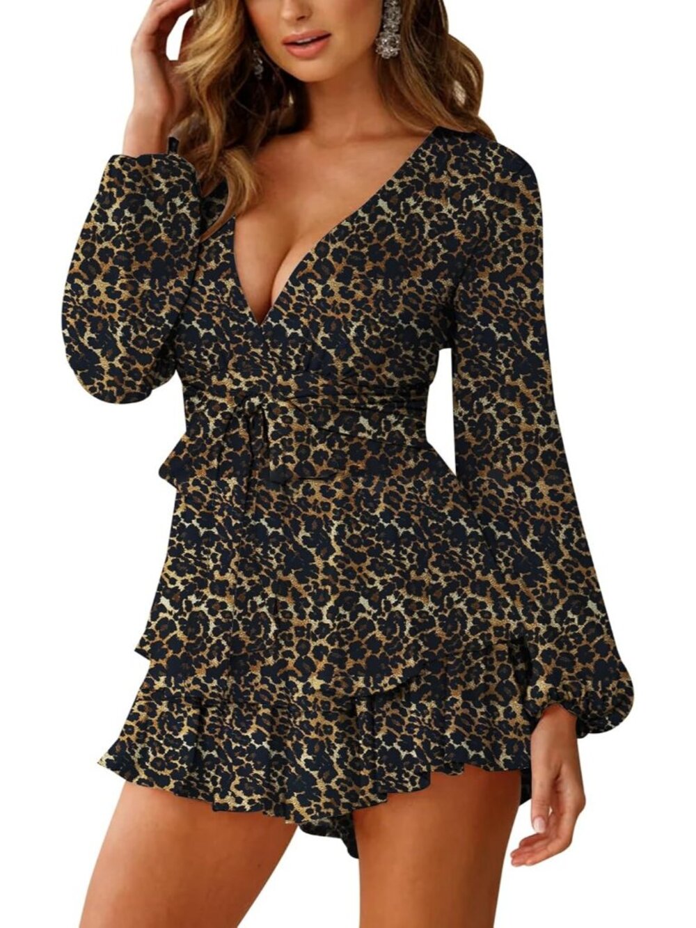 Women's Brown Leapord Floral Print V Neck Long Sleeve Double Layer Ruffle Romper - Picture 2 of 6